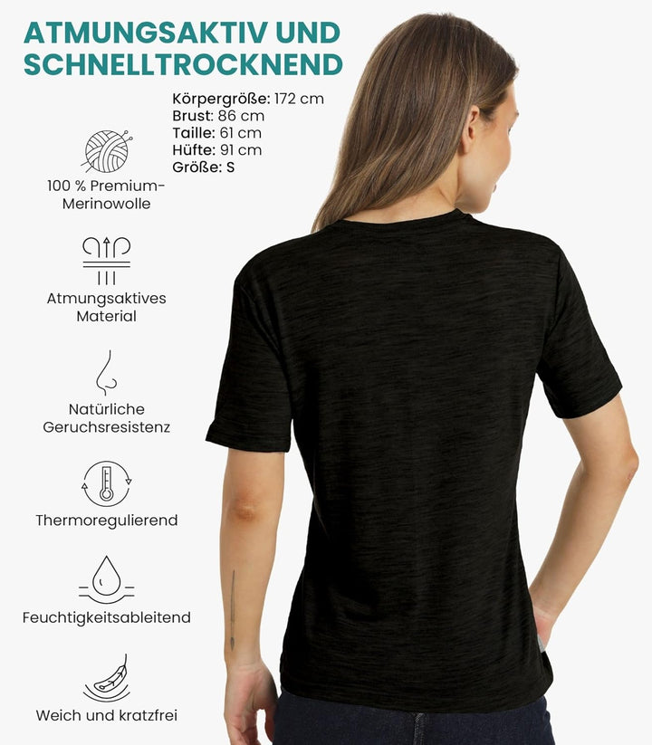 Merino.tech Merinowolle T-Shirt Damen - 100% Merinowolle Leichte Basisschicht Damen Kurzarm T-Shirt
