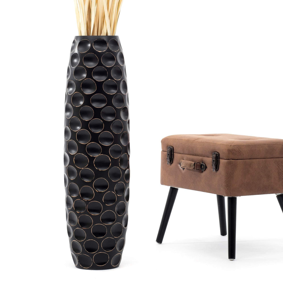 Leewadee Grosse Bodenvase für Dekozweige hohe Standvase Design Holzvase, Holz, 90 cm, Schwarz 90 cm