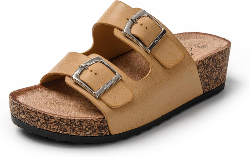 JOMIX Sommer Pantoletten Damen Clogs Leder Keilabsatz Sandalen Bequeme Kork Fussbett Meer Pool Stran