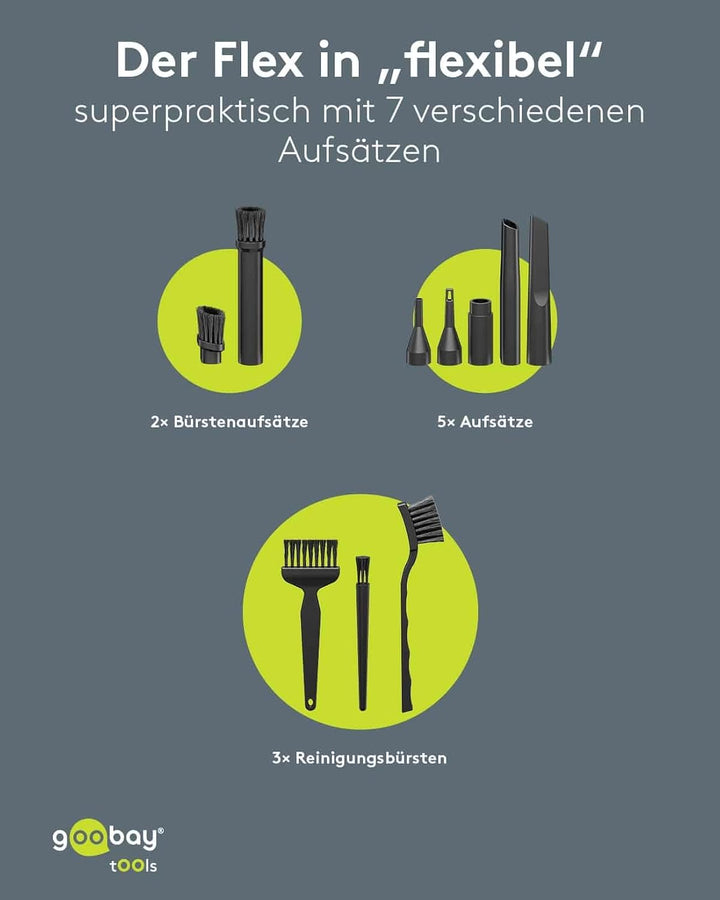 goobay Mini-Staubsauger Superior/Akku-Handstaubsauger für Auto, Haus, Wohnmobil, 120W, 7 Düsen, 3 Bü