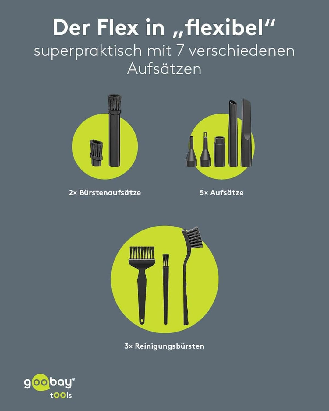 goobay Mini-Staubsauger Superior/Akku-Handstaubsauger für Auto, Haus, Wohnmobil, 120W, 7 Düsen, 3 Bü