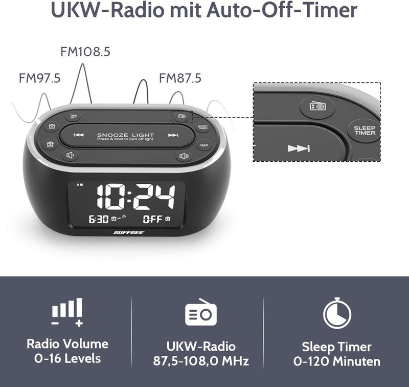 BUFFBEE Nachttisch-Wecker-Radio mit 7-Farben, Dual-Alarm, Snooze, Dimmer, USB-Ladegerät, Nap Timer,