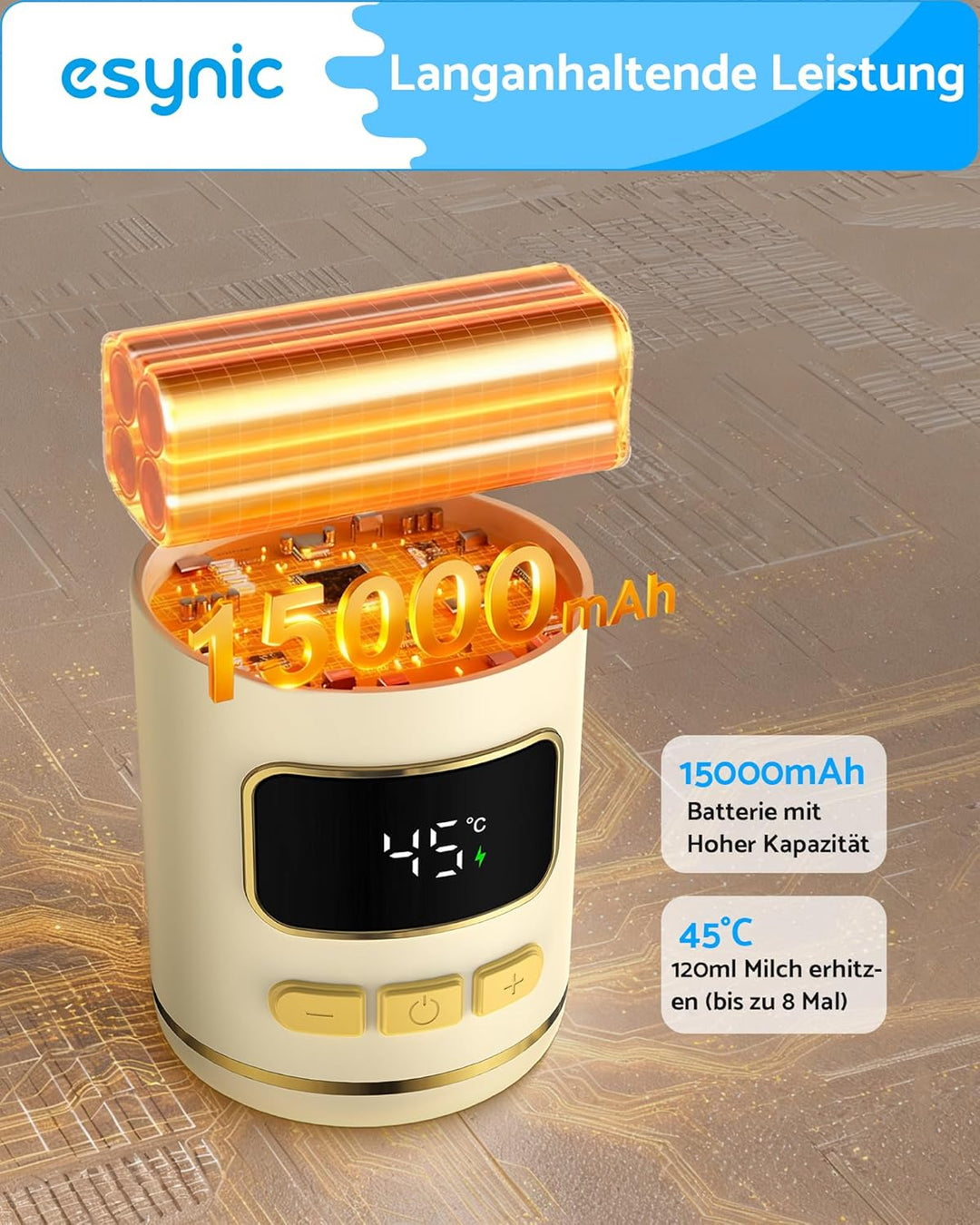 eSynic Babyflaschenwärmer 450ml Kapazität 15000mAh Akku Tragbarer Flaschenwärmer Edelstahl 316 Schne