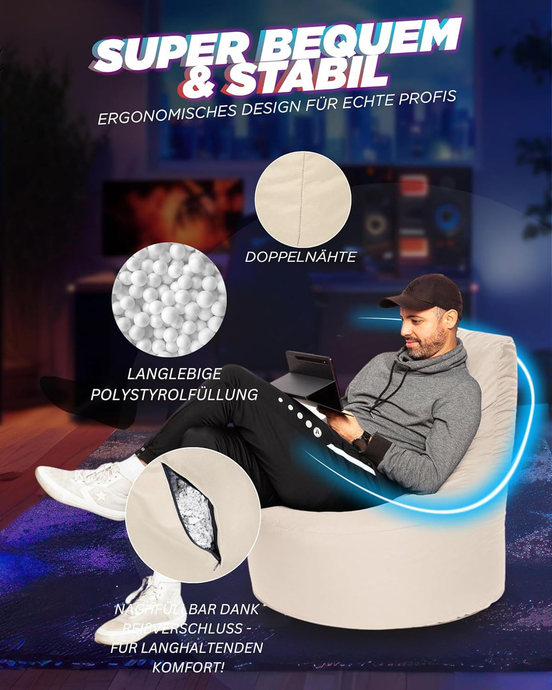PATCH HOME Gamer Sessel in 2 verschiedenen Grössen und 25 XL - 75cm Durchmesser, 30cm Sitzhöhe, 80cm