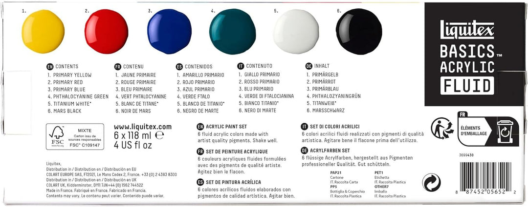 Liquitex 3699430 Basics Fluid Acrylfarbe Set mit fliessender Konsiszenz, schnell trocknend, lichtech