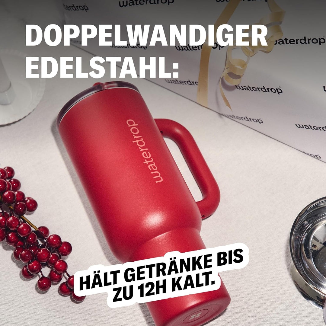 waterdrop® Thermobecher mit Strohhalm 1,1L – Auslaufsichere, robuste Trinkflasche mit aufklappbarem