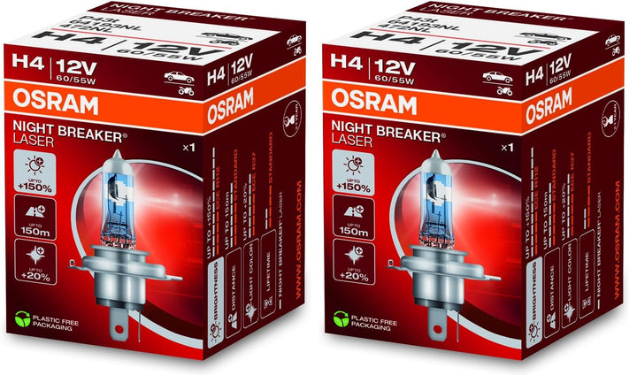 Osram NIGHT BREAKER LASER H4, 150% mehr Helligkeit, Halogen-Scheinwerferlampe, 64193NL, 12V PKW, Fal