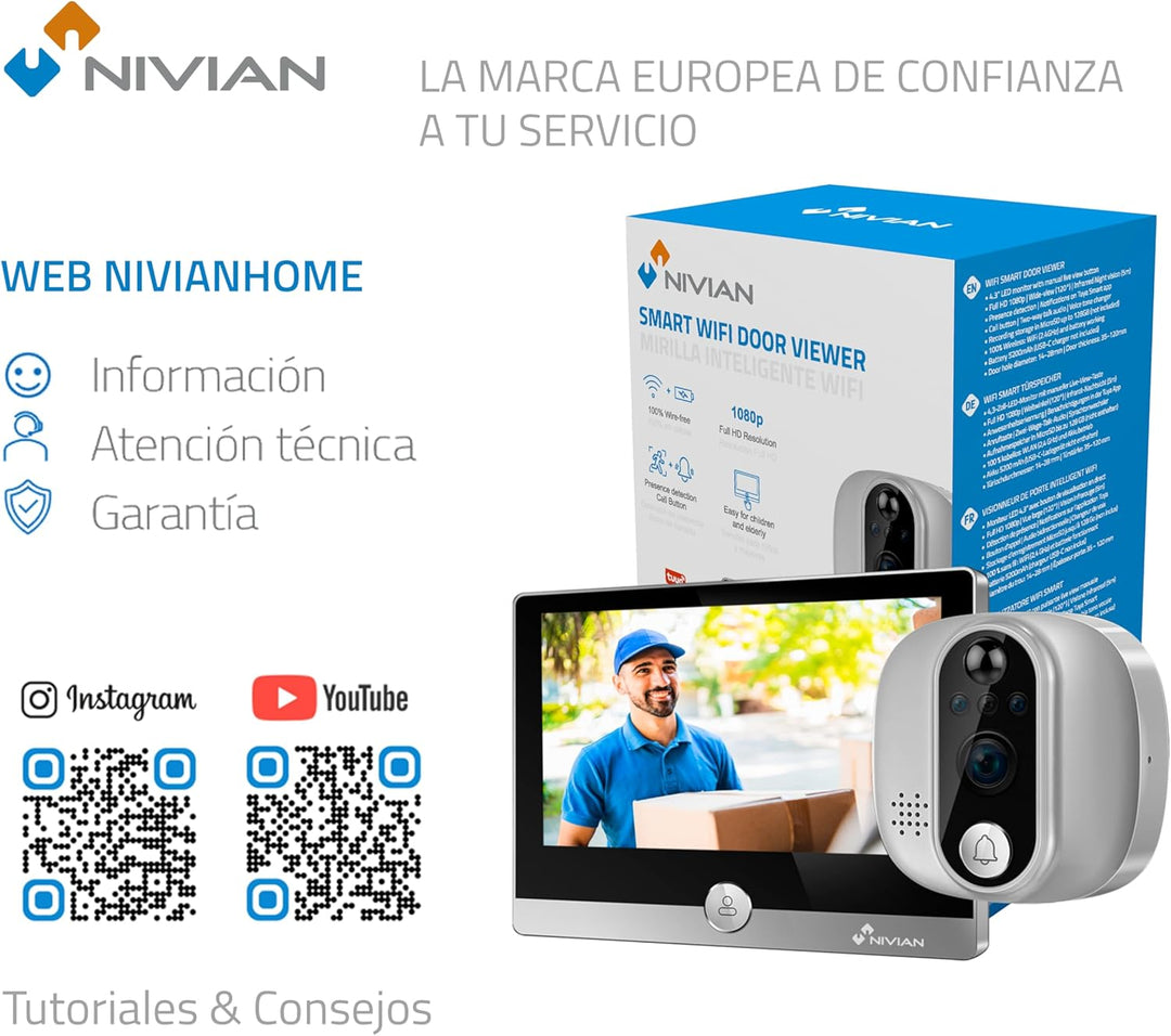 NIVIAN WiFi Digital Peephole – Full-HD-Videokamera mit Akku und Türklingel, Zwei-Wege-Audio, PIR-Erk
