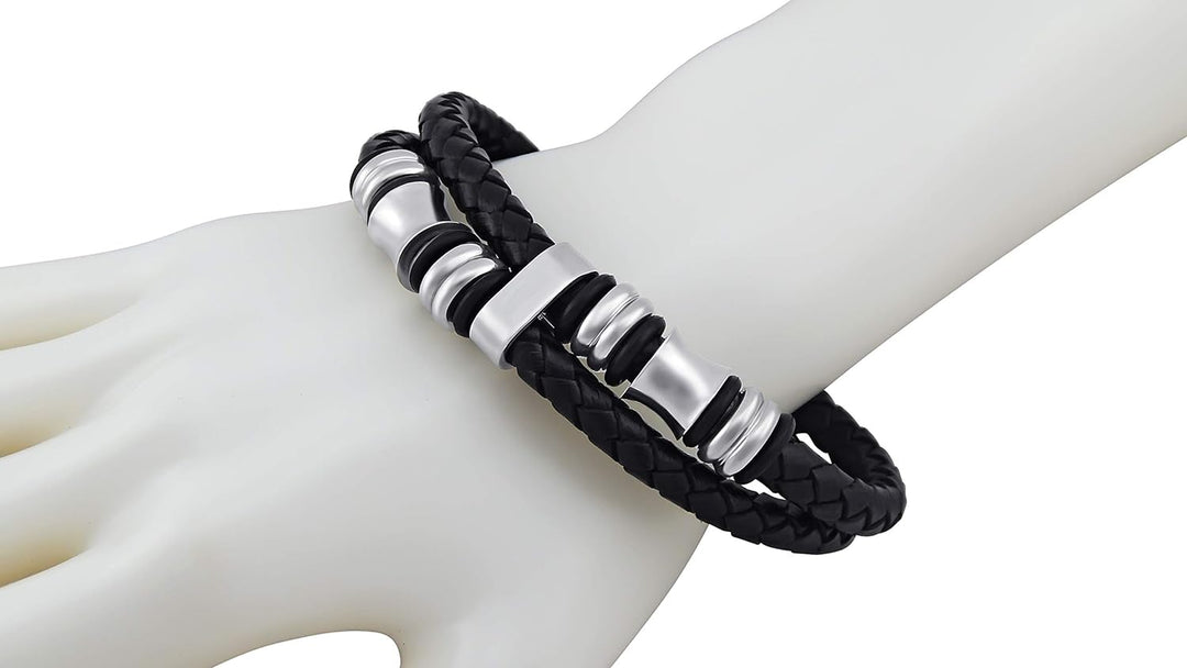Hanessa 18 cm Echt-Leder Herren Armband Schwarz/Silber vers. Grössen Edelstahl Geschenk zu Weihnacht