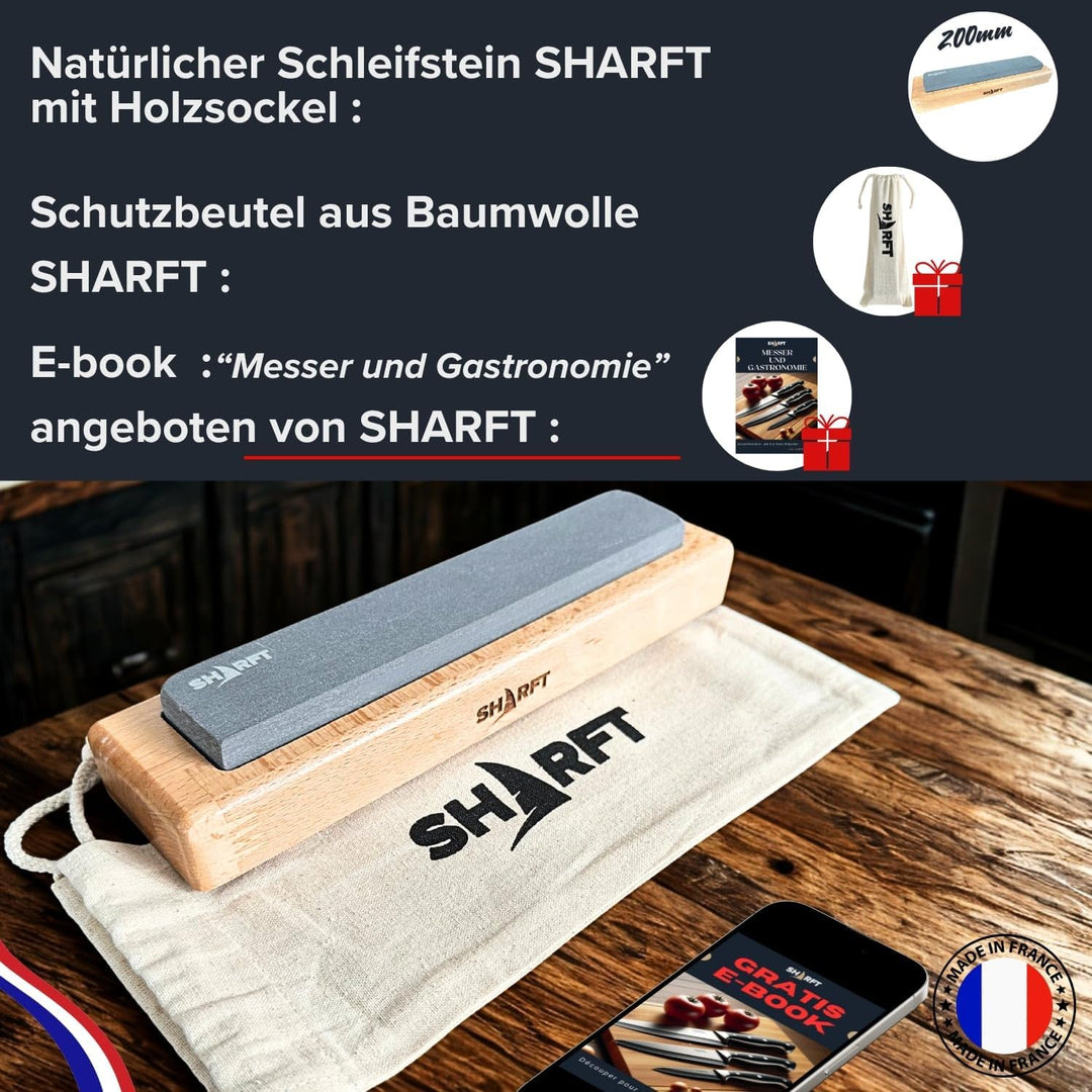 SHARFT, natürlicher Schleifstein aus den Pyrenäen 800/1000 + Holzsockel. Schleifstein mit 2 Körnunge