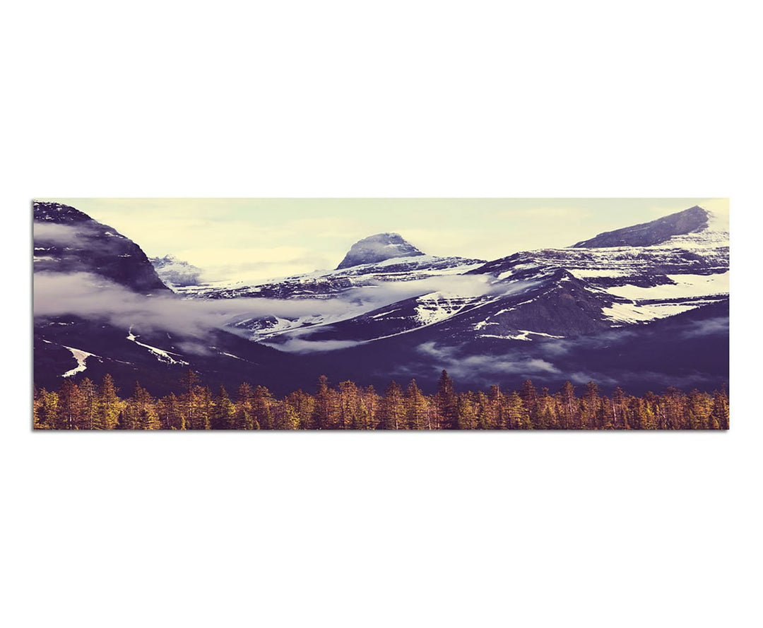 Paul Sinus Art Panoramabild auf Leinwand und Keilrahmen 150x50cm Kanada Berge Wald Schnee Nebel