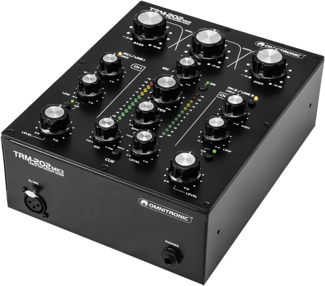 OMNITRONIC TRM-202 MK3 2-Kanal Rotary-Mixer mit 3-Band-Frequenzisolator | Gainregler, 2-Band-Equaliz