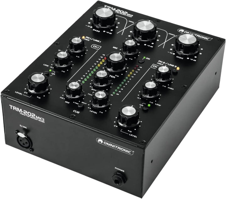 OMNITRONIC TRM-202 MK3 2-Kanal Rotary-Mixer mit 3-Band-Frequenzisolator | Gainregler, 2-Band-Equaliz