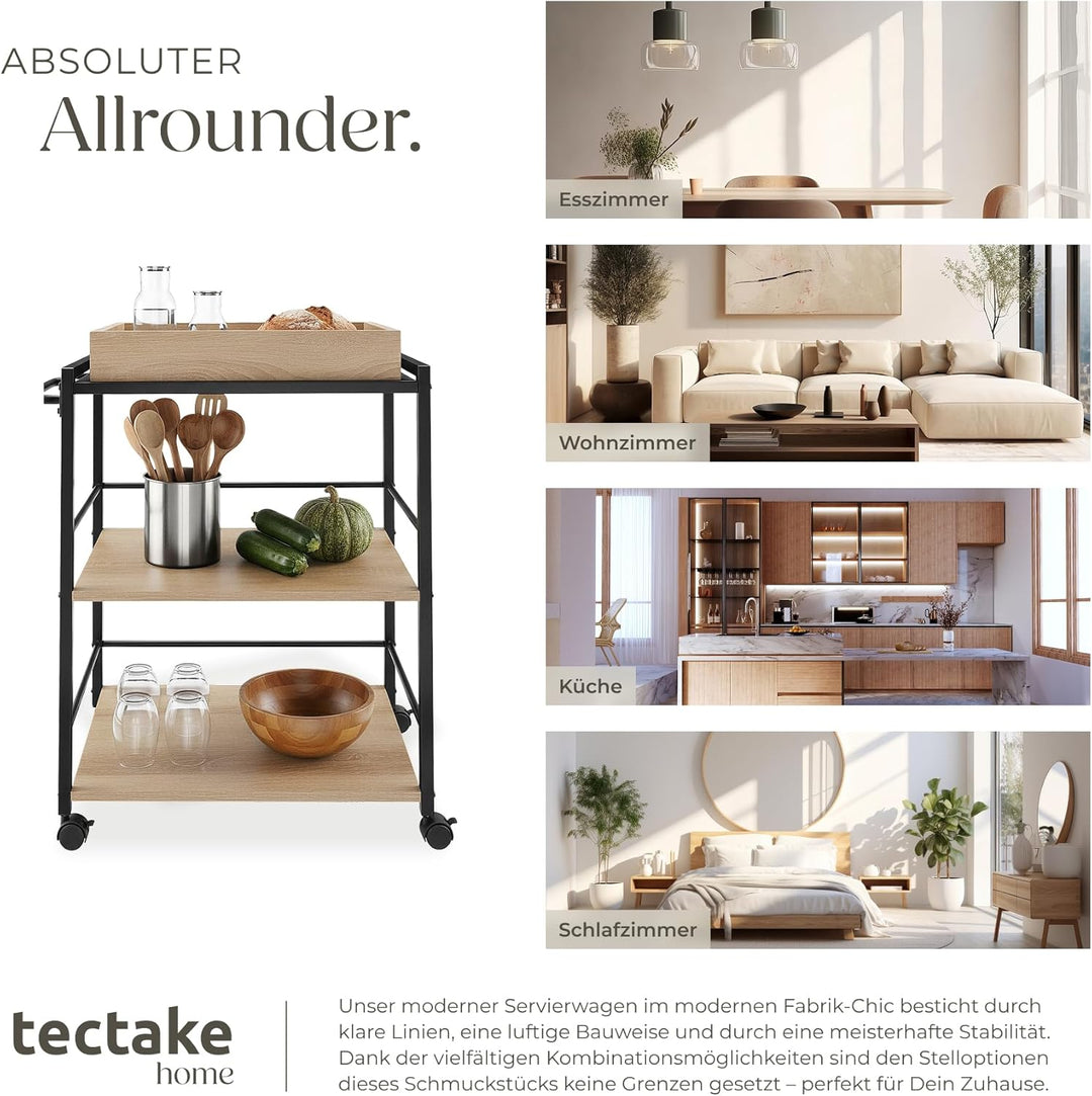 tectake® Servierwagen mit Rollen, abnehmbares Tablett, Kitchen Trolley 65 x 41,5 x 87 cm, Küchenwage