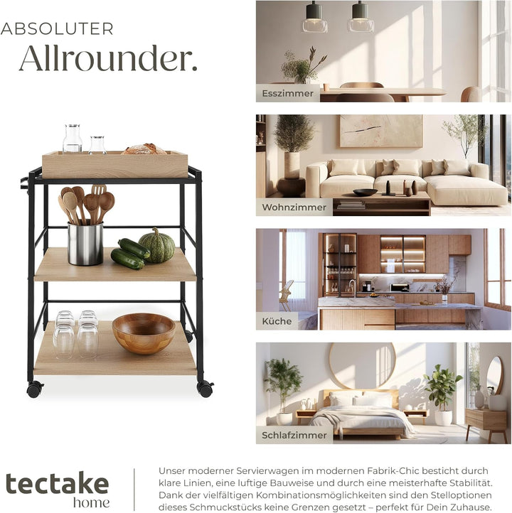 tectake® Servierwagen mit Rollen, abnehmbares Tablett, Kitchen Trolley 65 x 41,5 x 87 cm, Küchenwage