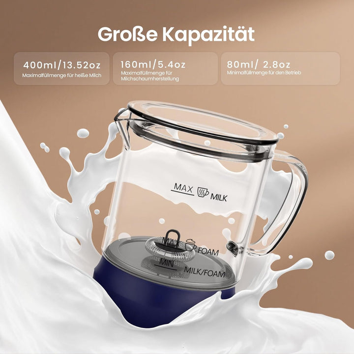 Milchaufschäumer Elektrisch 4 in 1, Automatischer Milchwärmer Milchschäumer für heiss und kalt, Glas