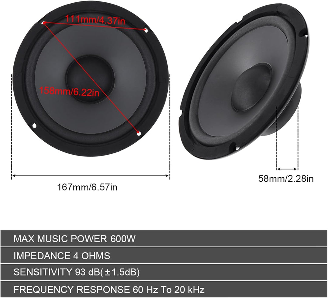 Shkalacar 1 Paar 6,5 Zoll Auto Stereo Lautsprecher, 600W HiFi Lautsprecher mit 2 Wege Lautsprecher,