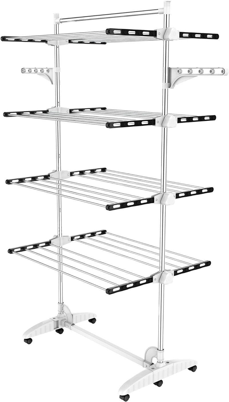 Todeco Wäscheständer Turm Klappbar, Wäscheturm 4 Ebenen aus Edelstahlrohre, Turmtrockner mit 6X Roll