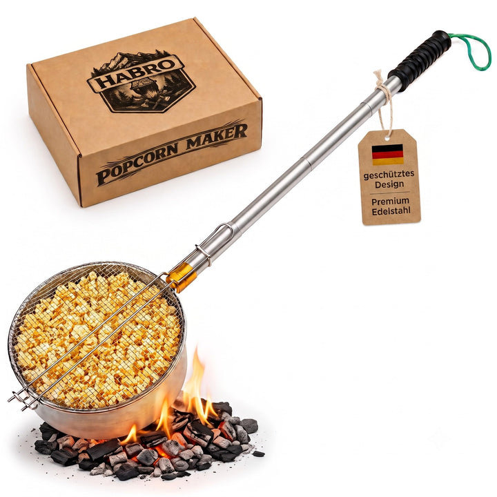 Premium Edelstahl Popcorn Maker | Lagerfeuer &amp; Grill | Teleskopgriff