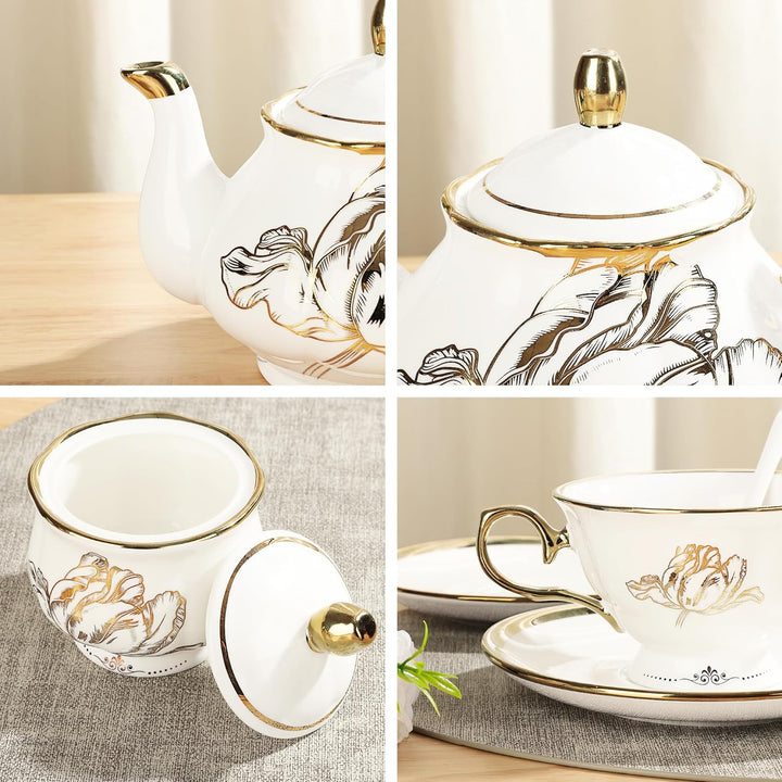 fanquare 21 Stück Britisch Vintage Porzellan Teeservice, Gold Florales Teeservice mit Goldrand, Kaff