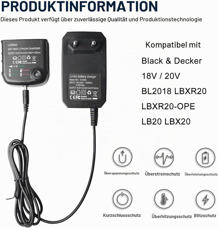 18V/20V Ladegerät Kompatibel Mit Black &amp; Decker, Ladegerät Lithium-Akku Lithium-Ionen-Ladegerät BL20