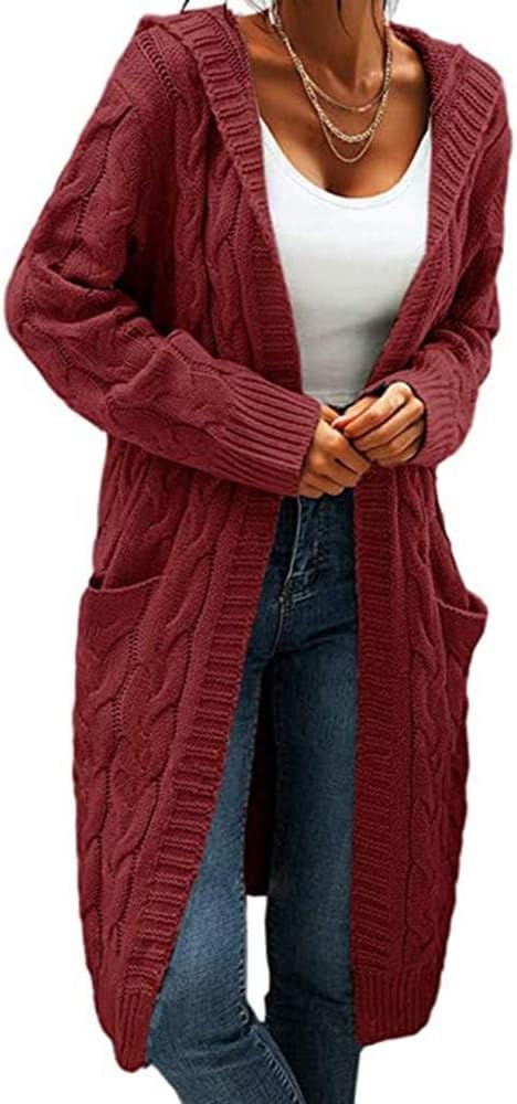 GeGekoko Strickjacke Damen mit Kapuze Langarm Grobstrick-Cardigan Open Front Sweater Herbst Winter C