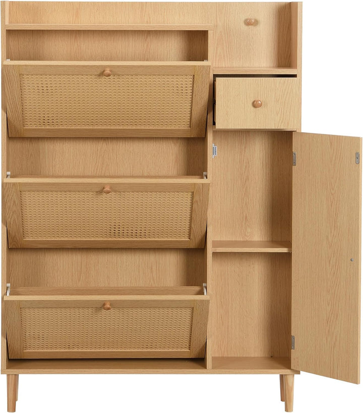 Merax Schuhkipper Schmal, Holzwerkstoff Schuhschrank aus Rattan, Schuhregal mit 3 Klappenschubladen,