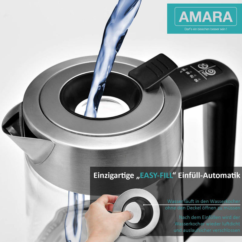 AMARA Wasserkocher Glas mit Temperatureinstellung 2200 Watt 2L besonders leise I Wasserkocher Temper