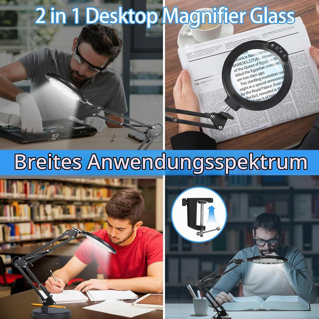 12X Tischlupe mit Licht und Ständer, Tischlampe mit Lupe &amp; Lupenleuchte mit Klemme 2-in-1, 5 Farbmod