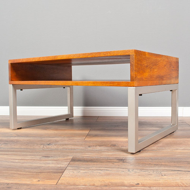 LEBENSwohnART Couchtisch Bow 80cm Stone-M Massivholz Wohnzimmertisch Mango Holz Metall Design
