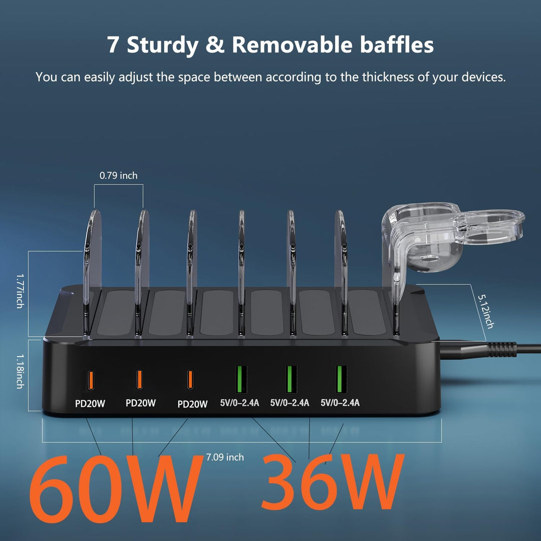 Acocodi USB Ladestation Multi Dock 6 Ports 60W Smart Schnellladedockstation für mehrere Geräte, komp