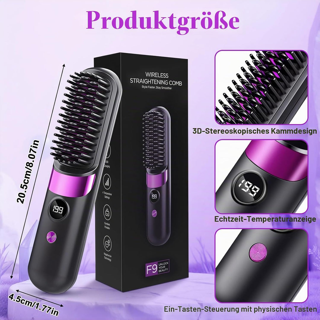 Glättbürste Kabellos, Damen Stylingbürste für Kurze Langes Haare, Haarglätter Bürste Kabellos Tragba