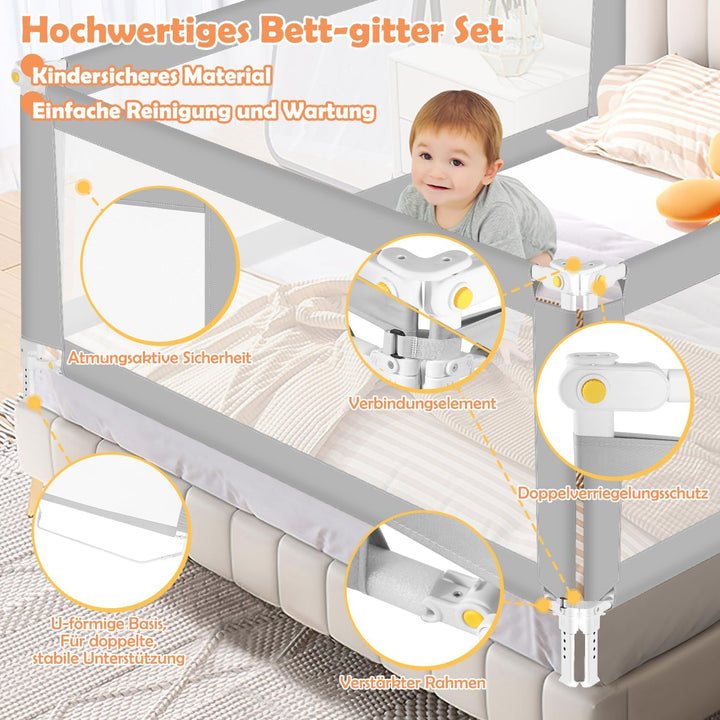 Bettgitter 200cm, Bettgitter Rausfallschutz Klappbar mit U-förmiger Basis, Bettschutzgitter Kinderbe