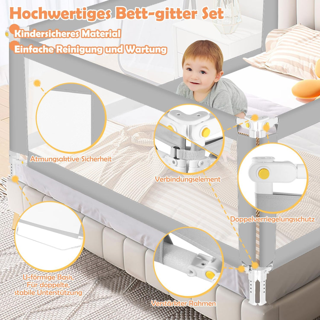 Ikodm Bettgitter 180cmx1+150cmx1, Bettgitter Rausfallschutz Bett Klappbar mit U-förmige Basis, Betts