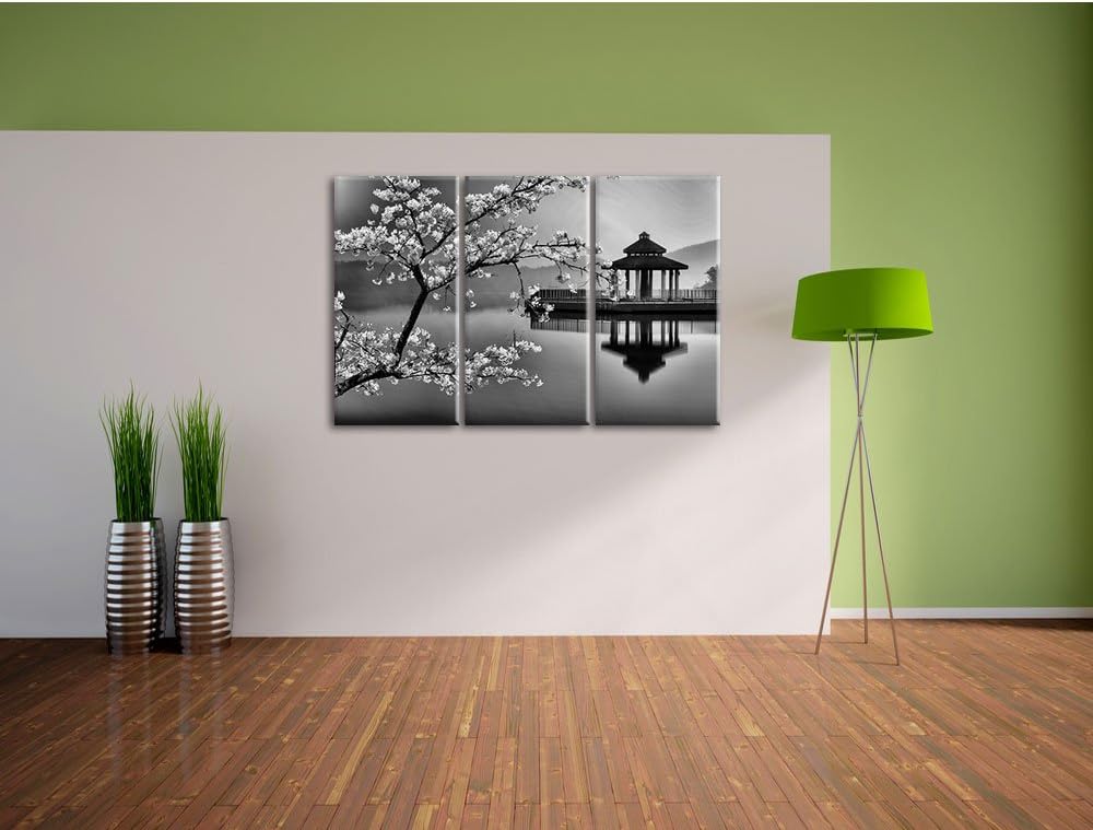 Pixxprint Kirschbaum an See als Leinwandbild/Grösse: 3 Teilig (120x80 cm) cm/Wandbild/Kunstdruck/fer