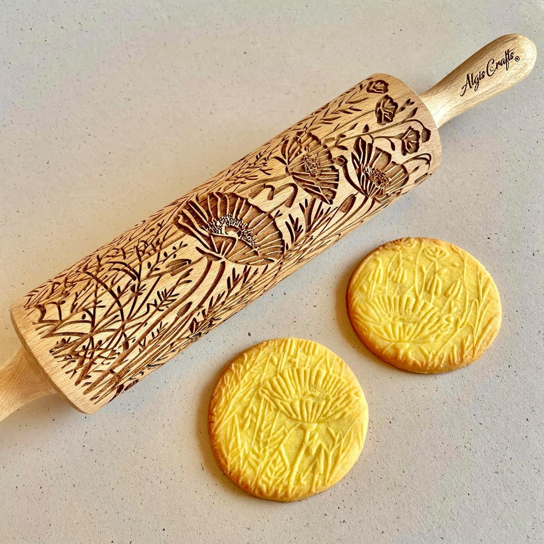 WILDE MOHNBLUME Nudelholz. Teigrolle mit Blumenmotive für Hausgemachtes Gebäck und Keramik. Präge Te