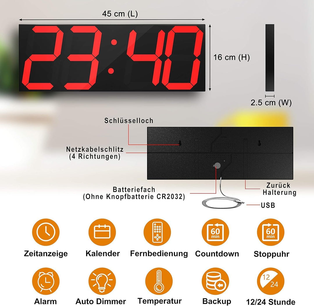 CHKOSDA LED Uhr Digitale Uhr Grosse Wanduhr mit 18-Zoll-LED-Anzeige, Countdown-Uhr mit 8 einstellbar