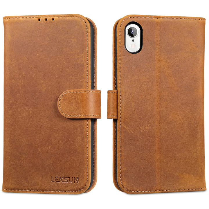 LENSUN Echtleder Hülle für iPhone XR, Handyhülle [Echtes Leder][Magnetverschluss][RFID Schutz] Handy