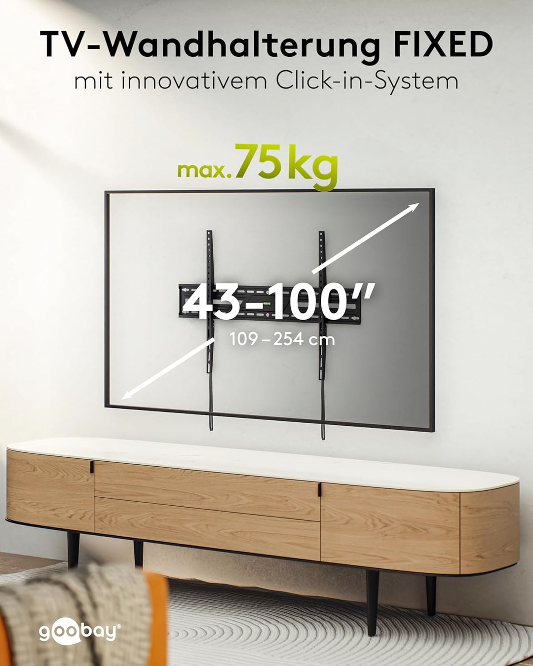 goobay TV Wandhalterung -Fixed- 43 bis 100 Zoll (109-245 cm) Extraflache Wandhalterung (2,7 cm Absta