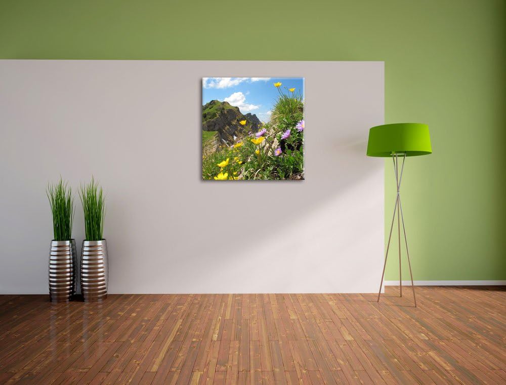 Blumenwiese im Frühling, Format: 70x70 auf Leinwand, XXL riesige Bilder fertig gerahmt mit Keilrahme