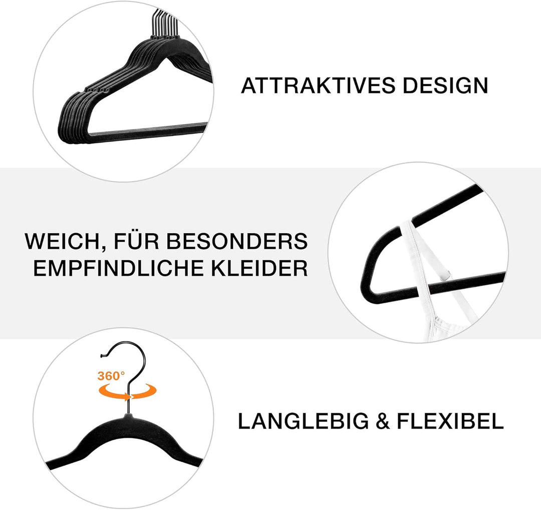 50 Stück hochwertige Samt Kleiderbügel in der Farbe Schwarz mit schwarzem Haken/Anti-Rutsch/von Stic