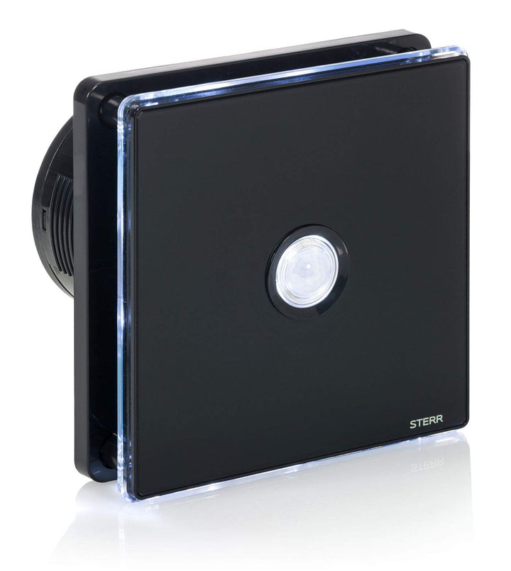 STERR Schwarzer Badlüfter 100 mm mit LED + PIR - Badezimmerventilator - Glasfront - Modernes Aussehe