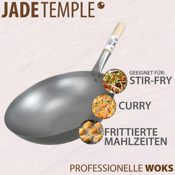 JADE TEMPLE Wok aus Carbonstahl, mit rundem Boden und 33 cm Durchmesser, mit rundem Holzgriff, 56 x