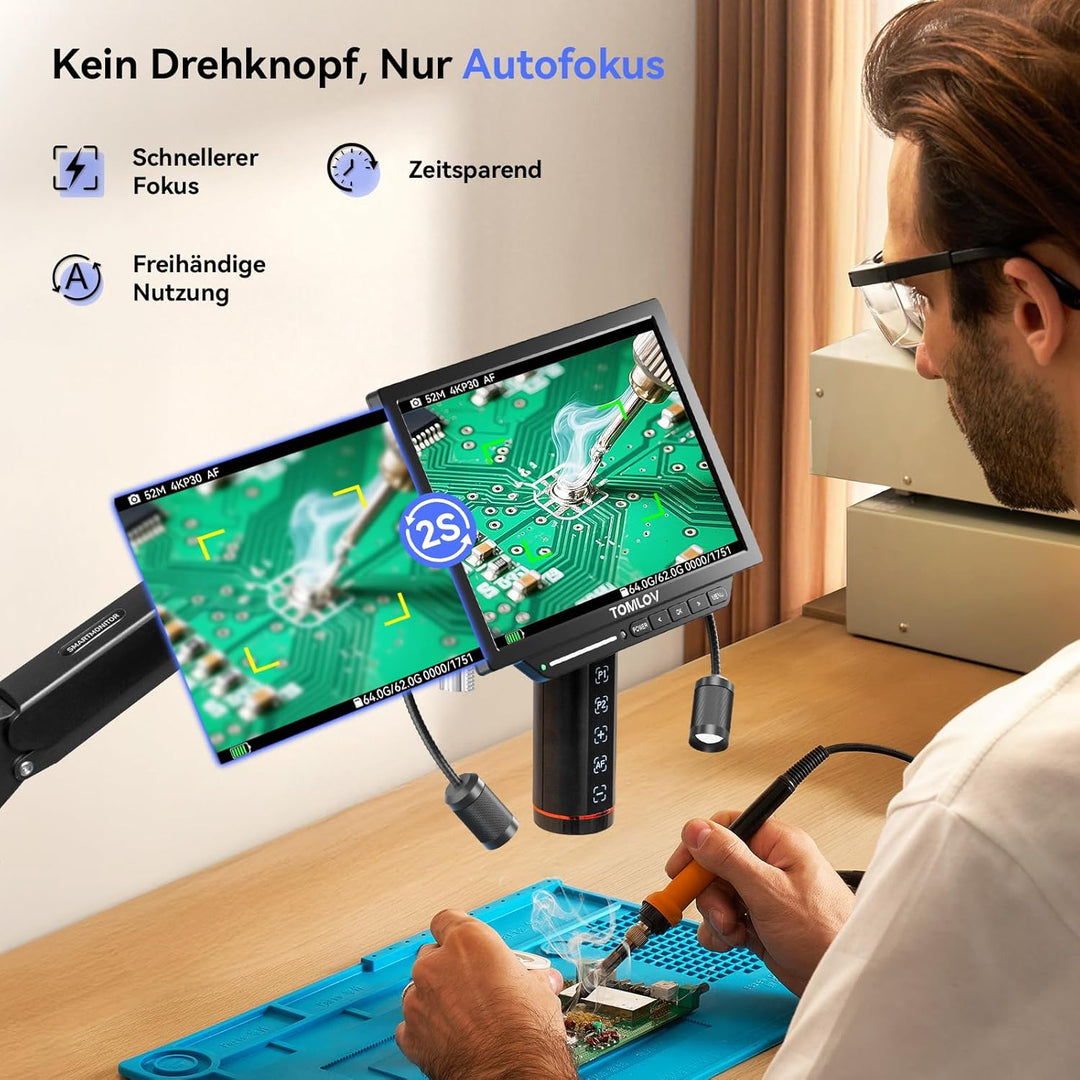 TOMLOV TM4K-AF Flex 4K Autofokus Digitales Mikroskop 2000X, 8" HDMI IPS Mikroskop Vergrösserung, 52M