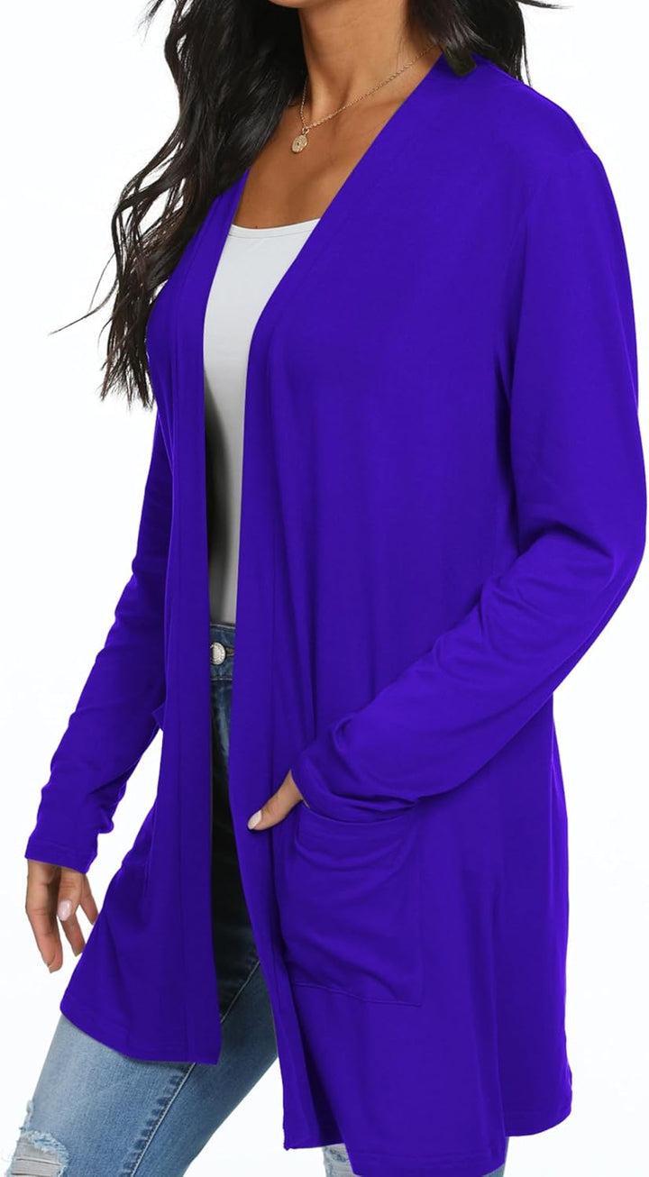 QIXING Casual Leichte Strickjacke Damen Lang Elegant Dünne Strickjacke Lange Ärmel mit Taschen Open