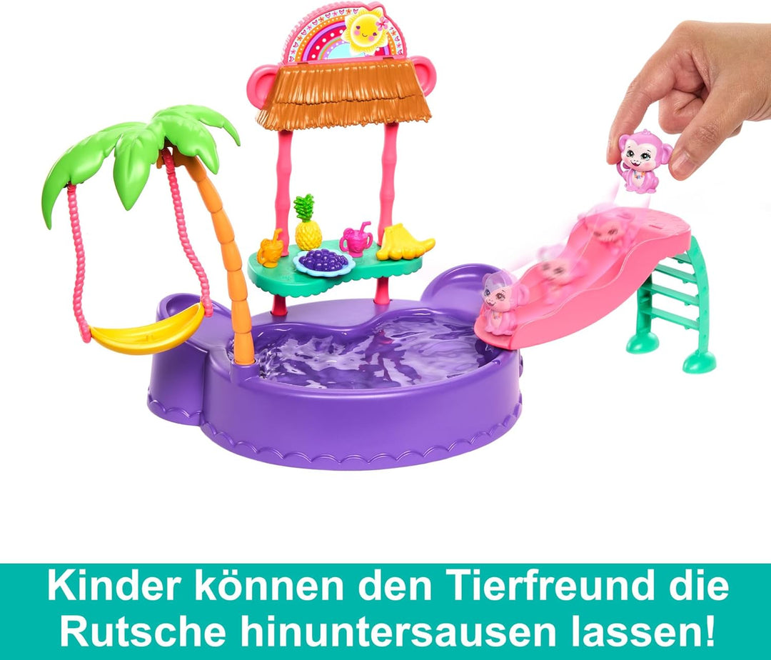 Enchantimals-Puppe und Zubehör, Affen-Swimmingpool-Spielset, Puppe und Beste Tierfreund-Figur, Rutsc