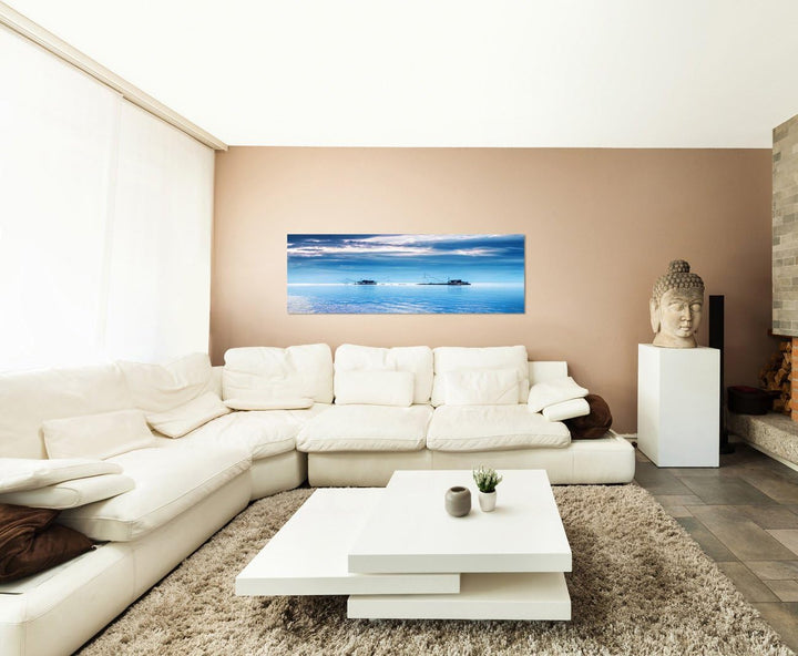 Paul Sinus Art Panoramabild auf Leinwand und Keilrahmen 150x50cm Italien Meer Fischerhäuschen Wolken