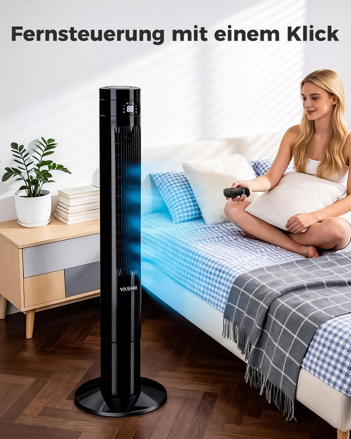 YASHE Leiser Turmventilator 110 cm mit Fernbedienung, 28 dB Säulenventilator ohne Flügel, 85° Oszill