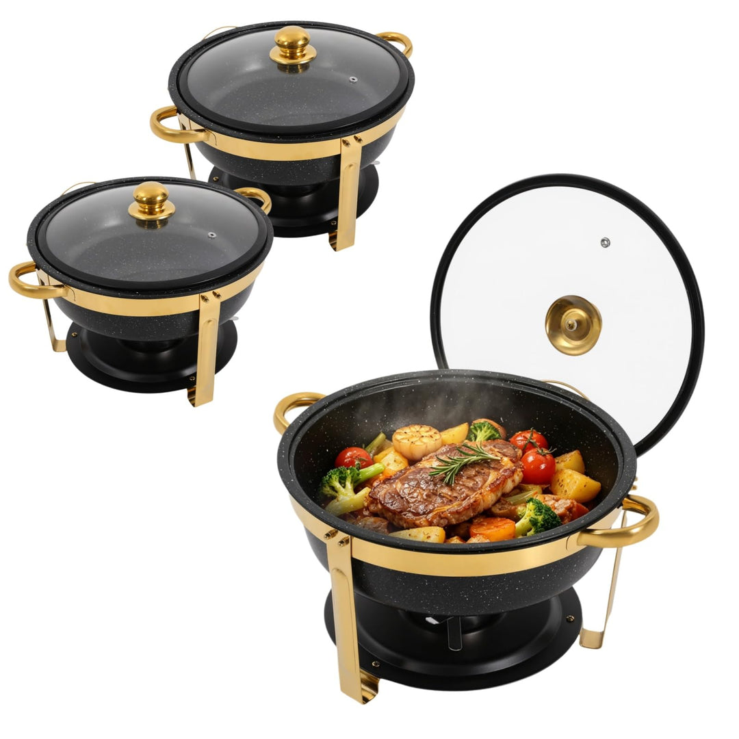 2er Warmhaltebehälter Essen, 5L Rund Edelstahl Chafing Dish Set mit Glasdeckel, Kalt &amp; Heiss Stapelb