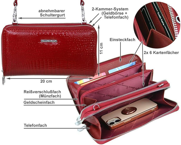 Jennifer Jones - Echt Leder Handtasche mit Handyfach - 2in1 Handytasche & Geldbörse mit RFID-Schutz,